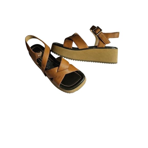 Vintage Y2K MUDD Luna Tan Strappy Leather Chunky Platform Sandals size 7 - Picture 1 of 9